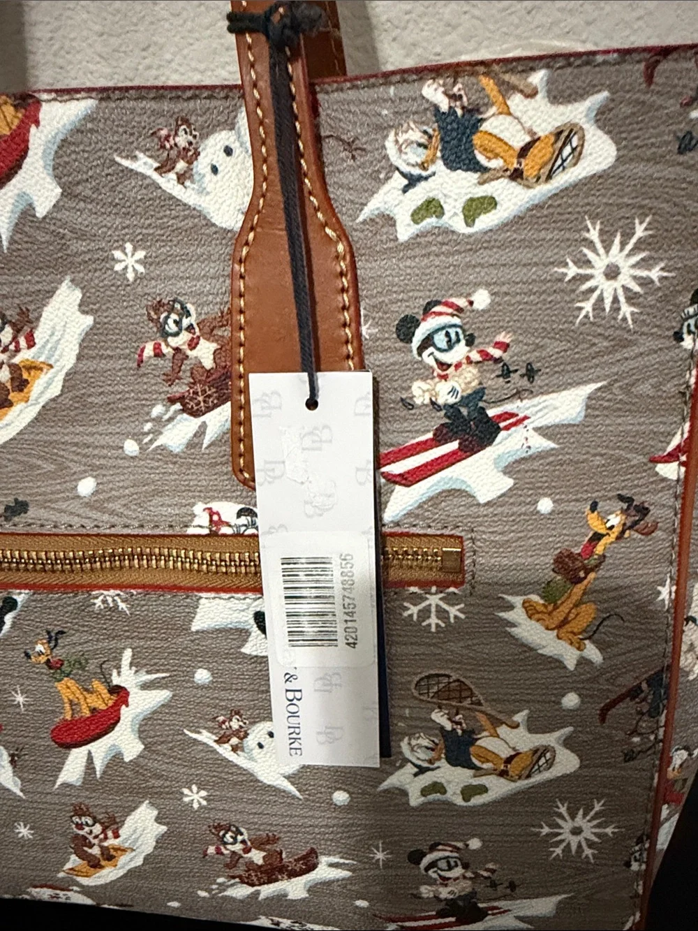 Dooney & Bourke Brown Leather-Trim Disney Skiing Print Tote